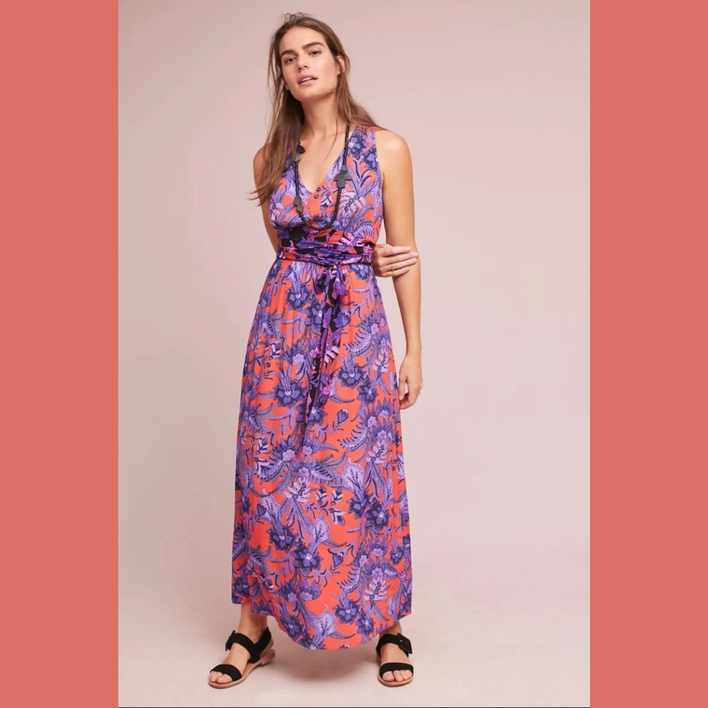 Maeve Anthropologie‎ Size 4 Macie Maxi Dress Sleeveless Floral Tie Waist V Neck